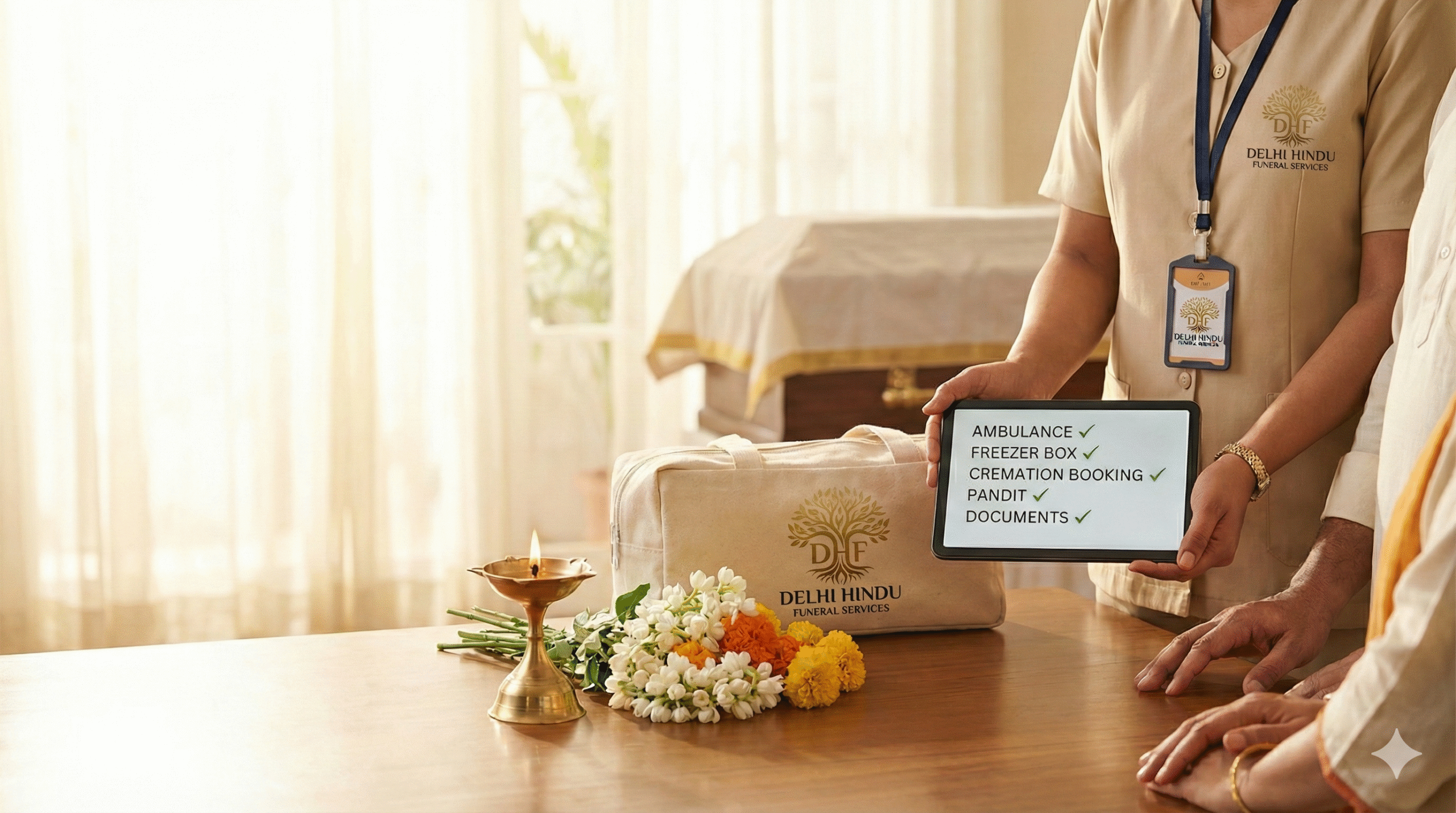 Delhi Hindu Funeral coordinator gently explaining funeral arrangements to family members at home