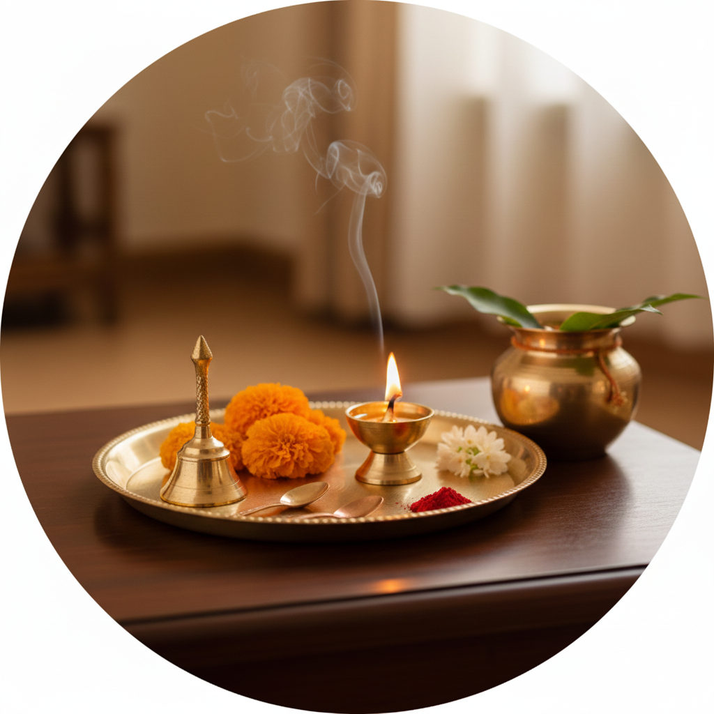 Ritual samagri kit with diya, kalash and holy water placed neatly